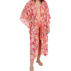 Kaftan De Playa Con Flores Y Manga Corta Mujer