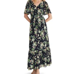 Vestido Maxi Manga Corta Con Flores Mujer