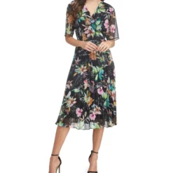 Vestido Midi De Manga Corta Con Flores Mujer