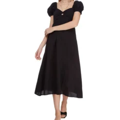 Springfield Vestido Formal Midi Manga Corta Lisa Mujer -Tienda Barata Femvesti 43198734 x3