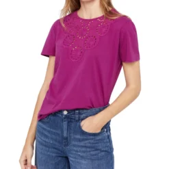 Blusa Con Detalles Calados Manga Corta Mujer