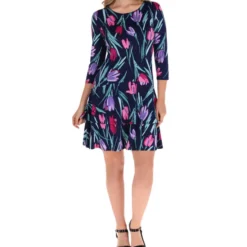 Vestido Corto De Manga 3,4 Con Flores Mujer