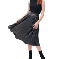 Falda Negra Plisada Midi Vinipiel Mujer -Tienda Barata Femvesti 43353653 x3